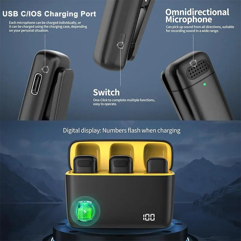 Wireless Lavalier Microphone, 1 Box USB Rechargeable Wireless Microphone with Charging Case, Noise Cancelling Microphone for Professional Recording, Vlog Live Streaming, Interviews, Singing