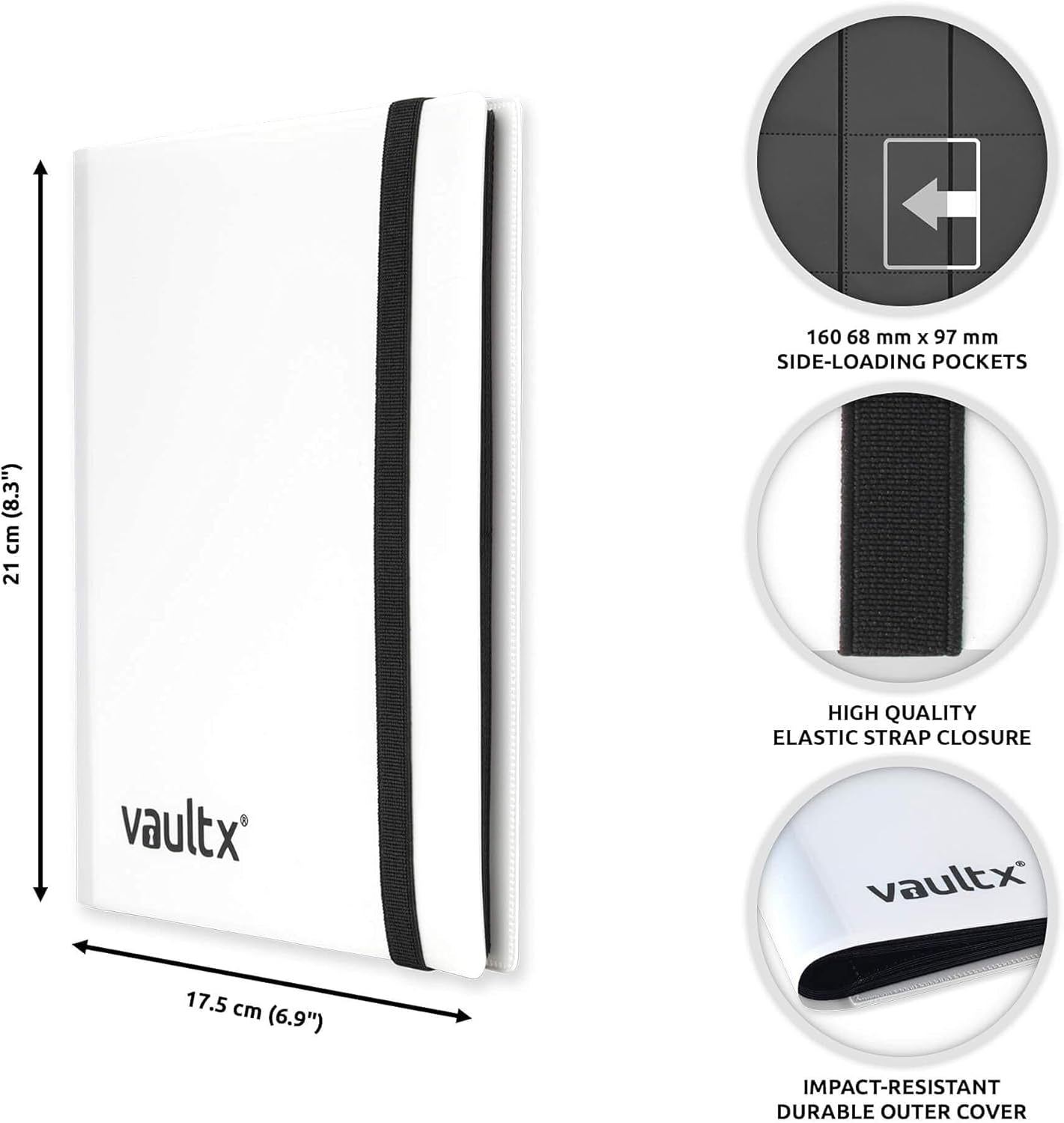 4 Pocket Trading Card Strap Binder, 160 Cards, Standard, 20 Side-Loading Pages, TCG (White)